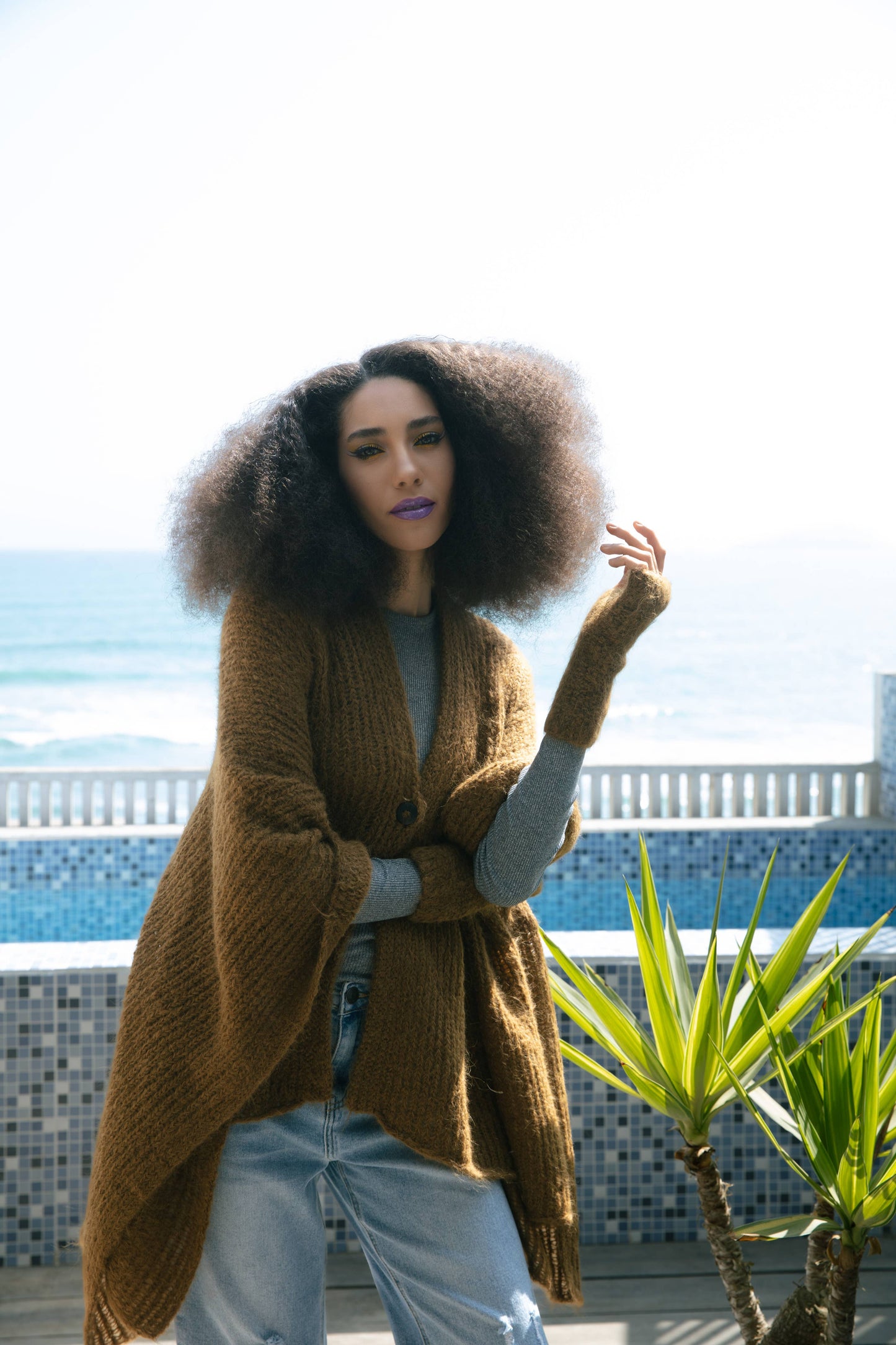 BIRD Fuzzy Alpaca Fingerless Gloves: Rust