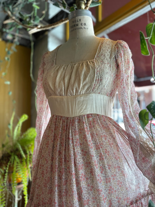 Gunne Sax Dress - delicate pink floral and satin belt
