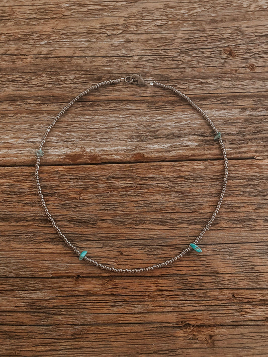 Turquoise Chunk Genuine Navajo Beaded Choker: Black