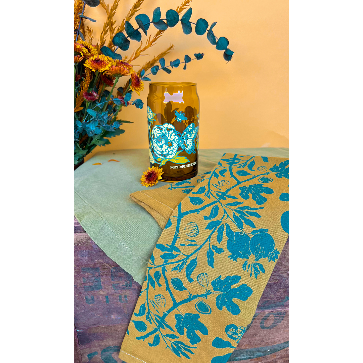 Hand Dyed + Screenprinted Organic Cotton Tea Towel: Figs: Eggshell