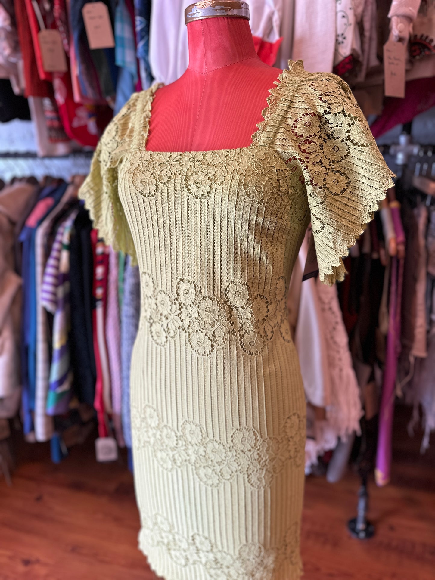 1970s Young Edwardian Green Lace Dress