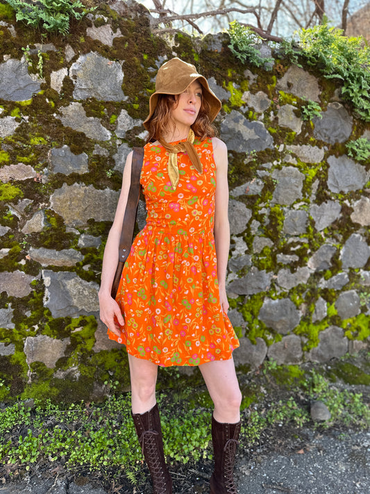 1960s Drop Waist Orange Floral Dress
