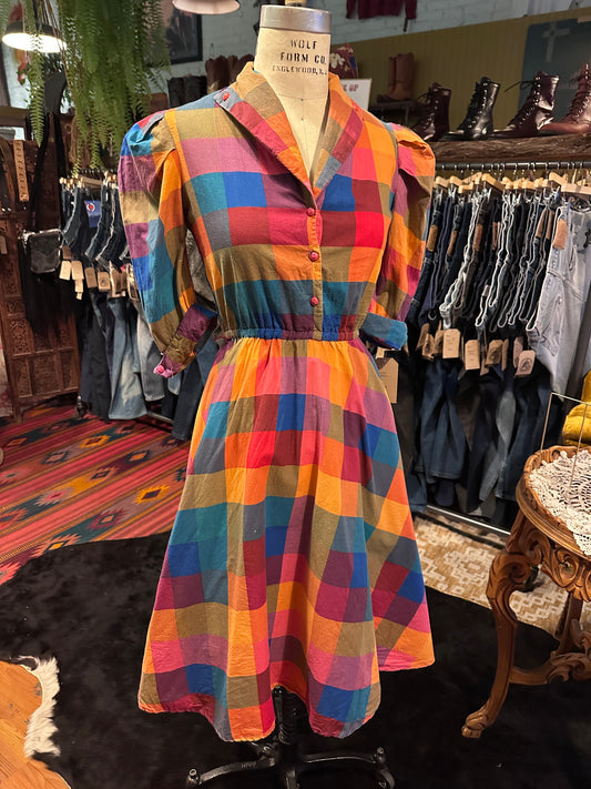 1970s Plaid Colorblock Dress