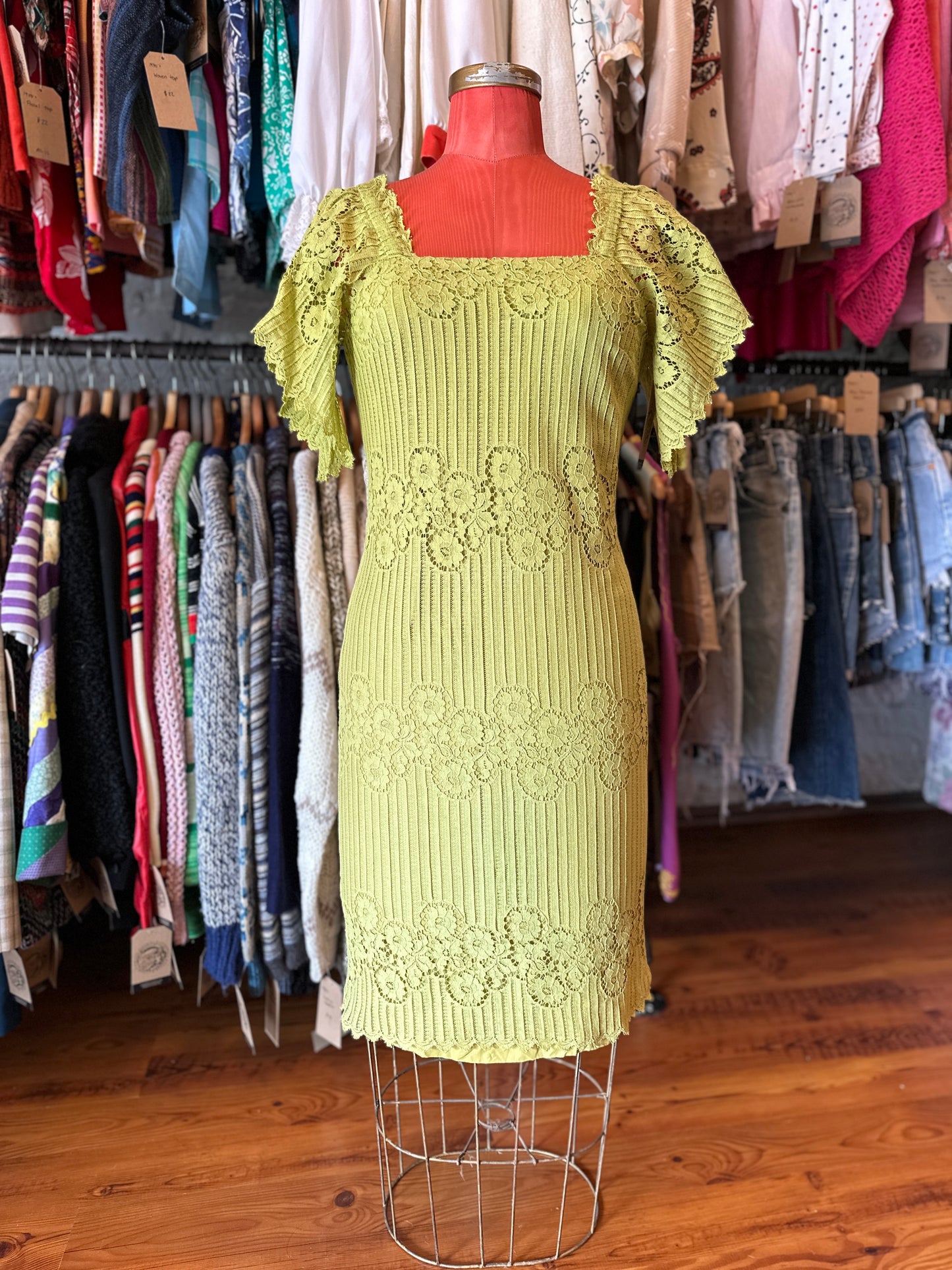 1970s Young Edwardian Green Lace Dress