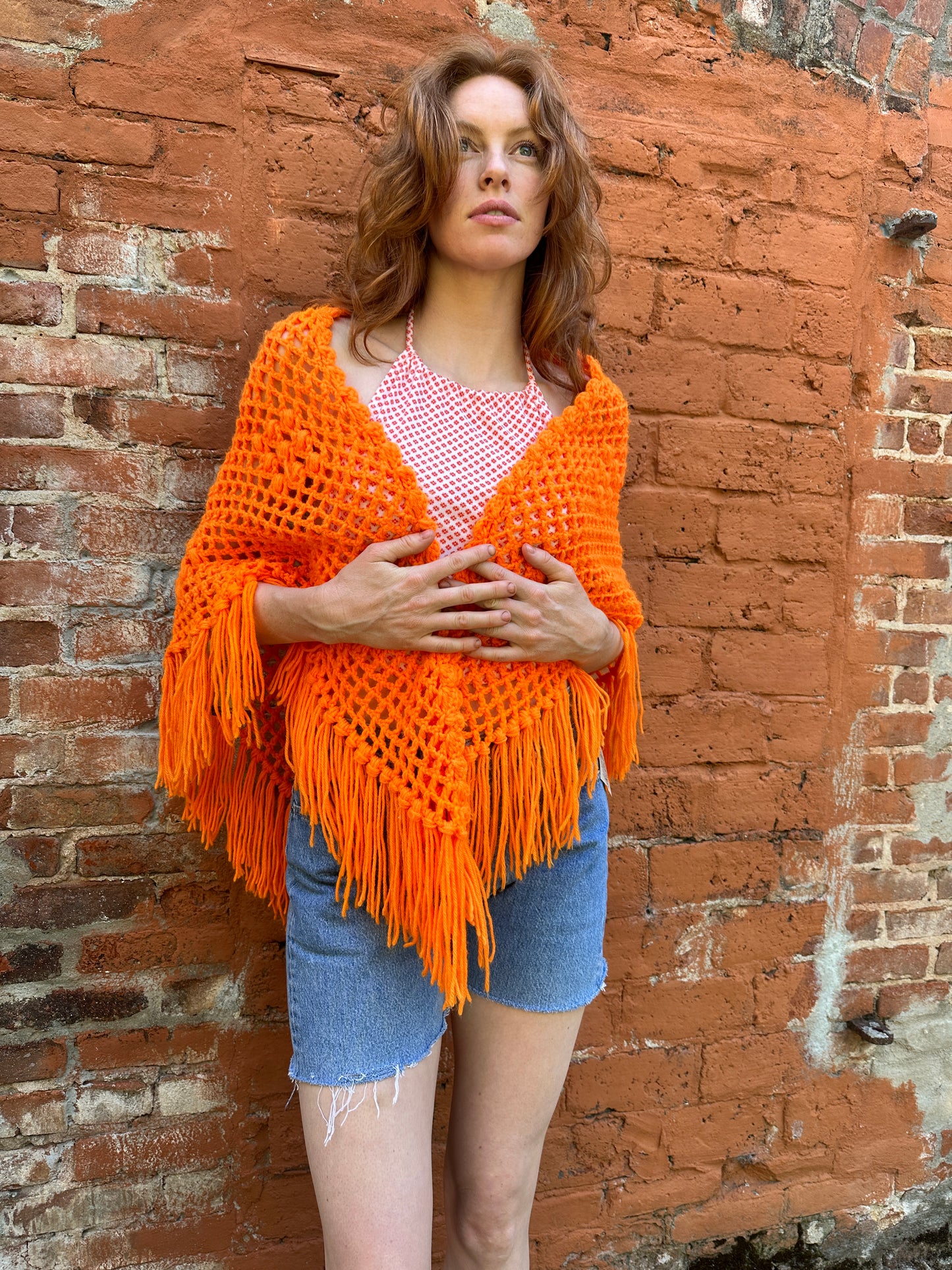 1970s Orange Crochet Poncho