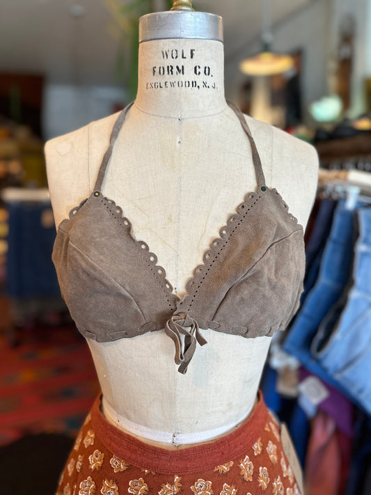 1970s Gray Suede Leather Bra Top