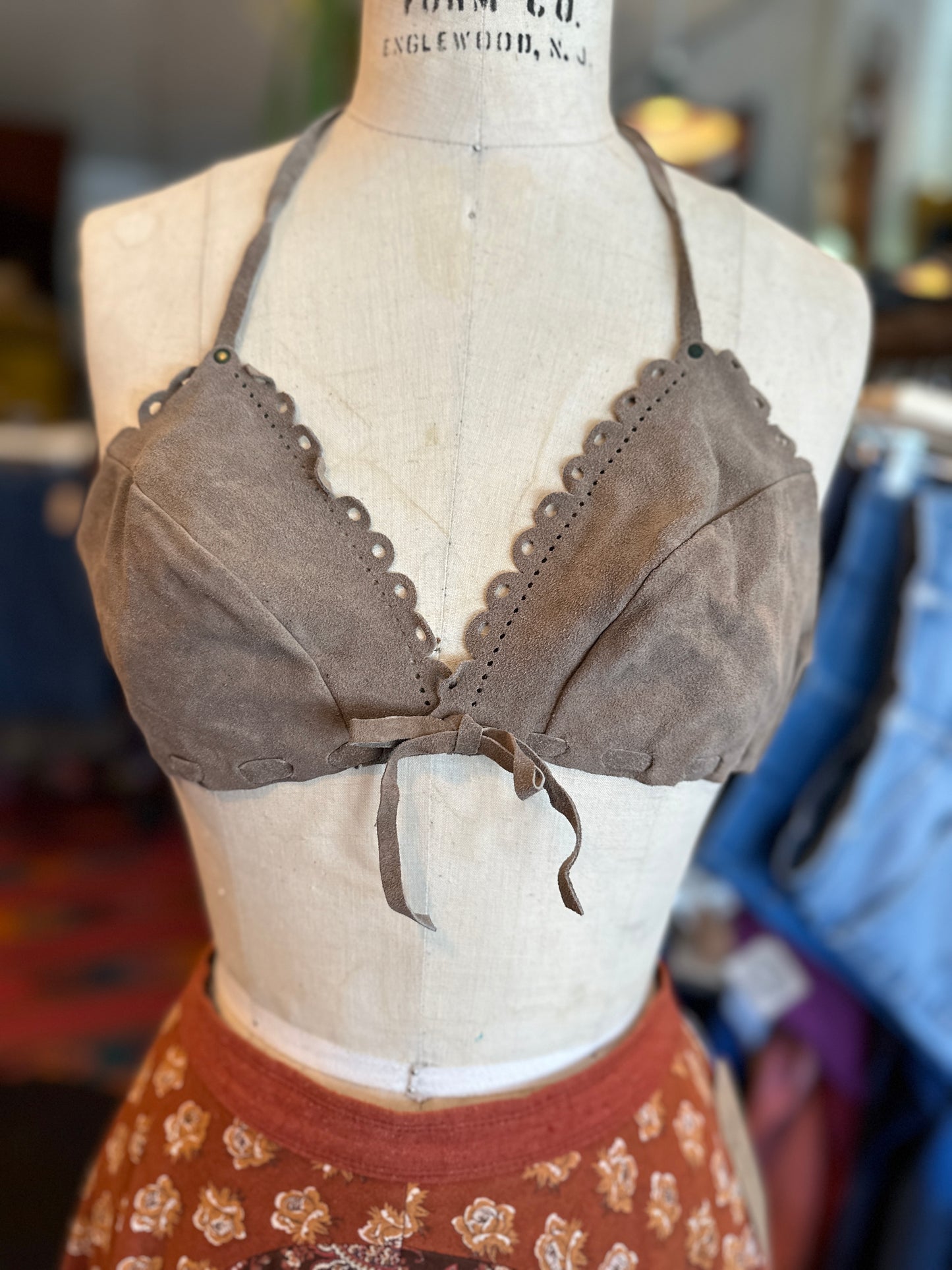 1970s Gray Suede Leather Bra Top