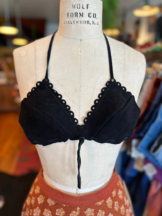 1970s Black Suede Leather Bra Top