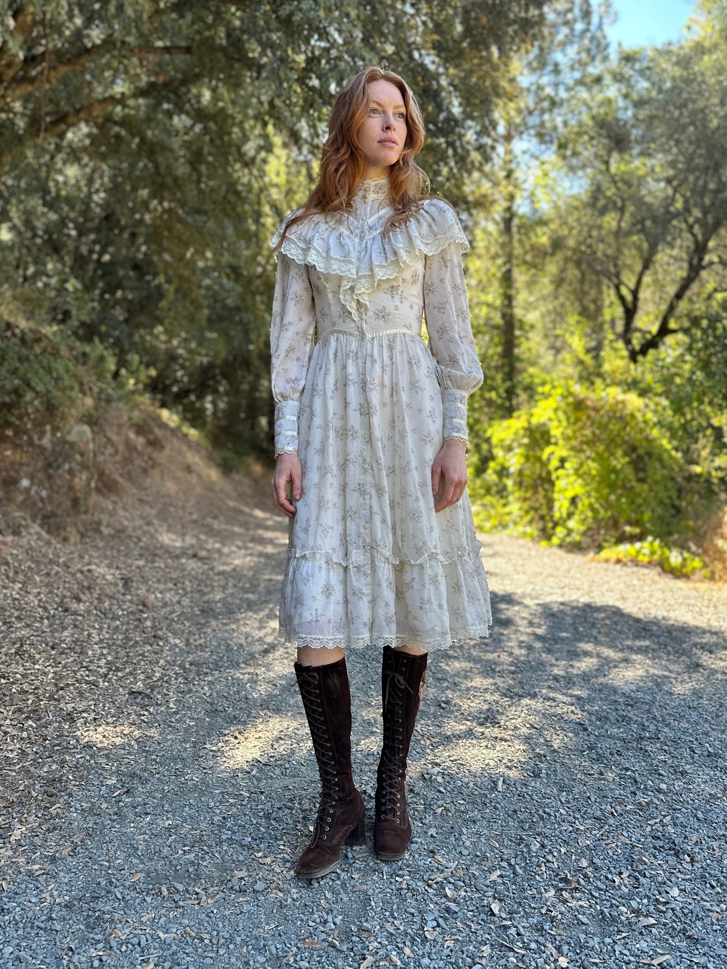 Gunne Sax Dress White Calico with Buttons Up Front