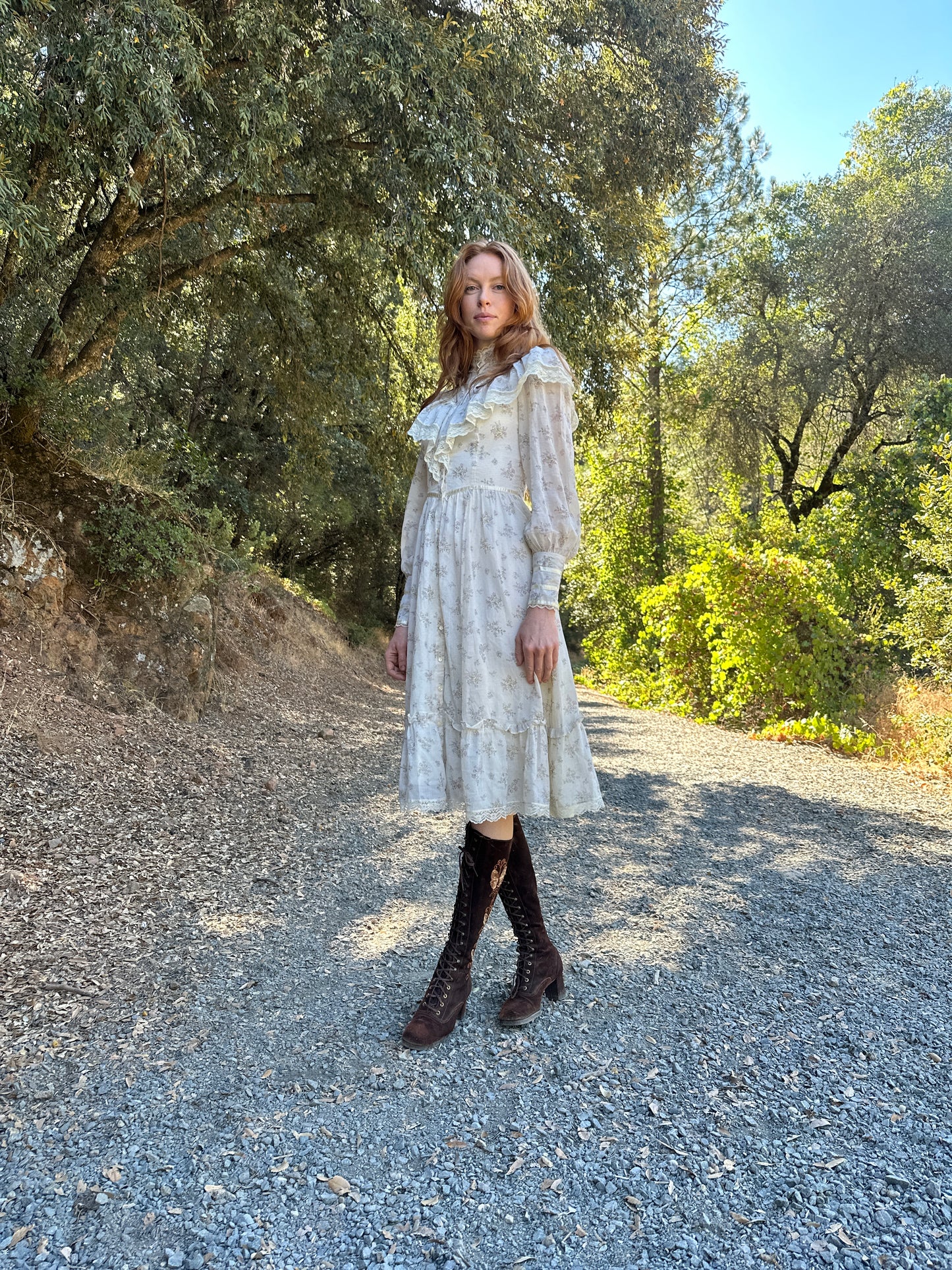 Gunne Sax Dress White Calico with Buttons Up Front