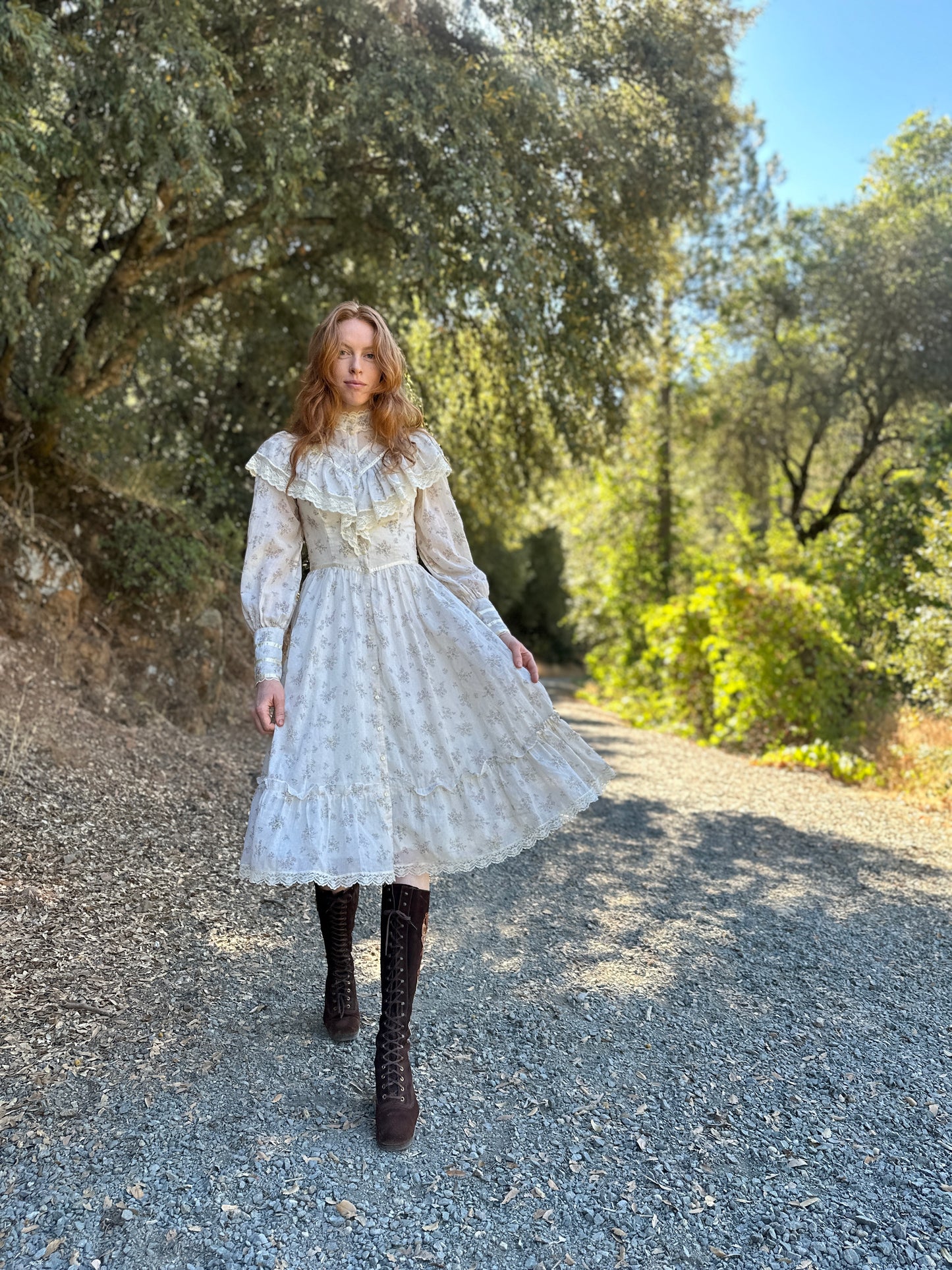 Gunne Sax Dress White Calico with Buttons Up Front