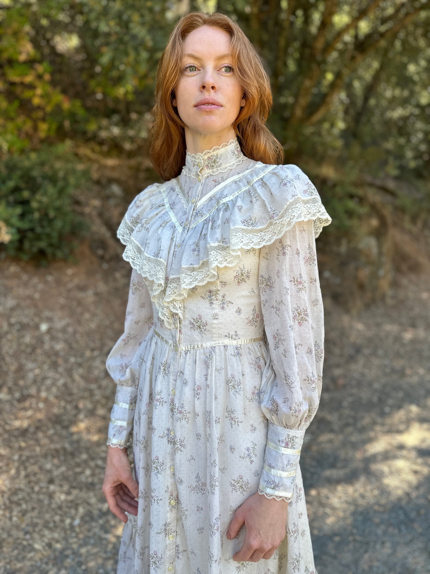 Gunne Sax Dress White Calico with Buttons Up Front