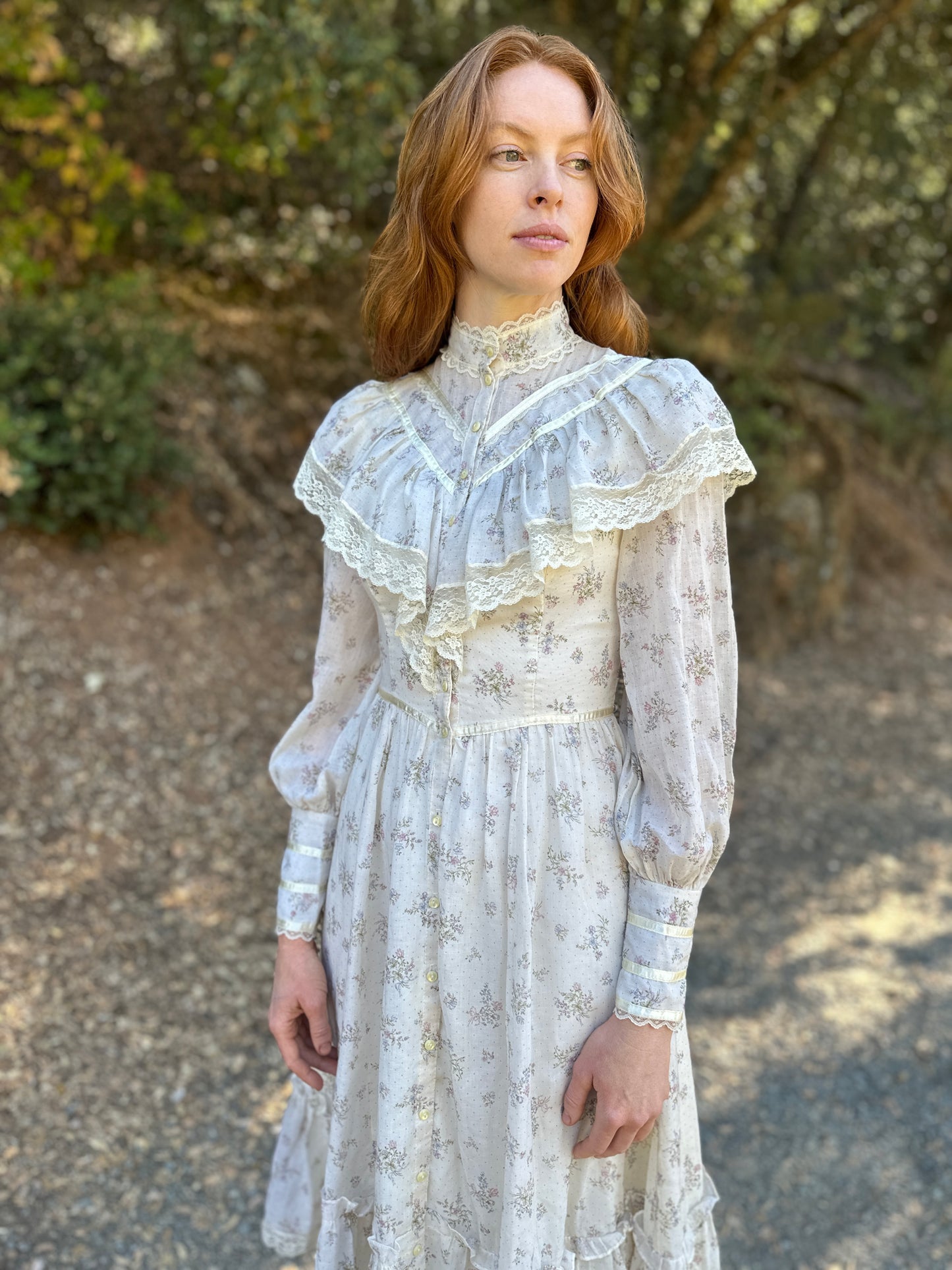 Gunne Sax Dress White Calico with Buttons Up Front