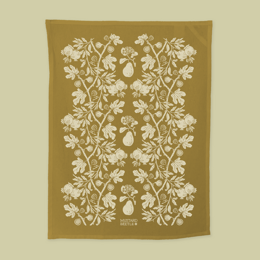 Hand Dyed + Screenprinted Organic Cotton Tea Towel: Figs: Eggshell