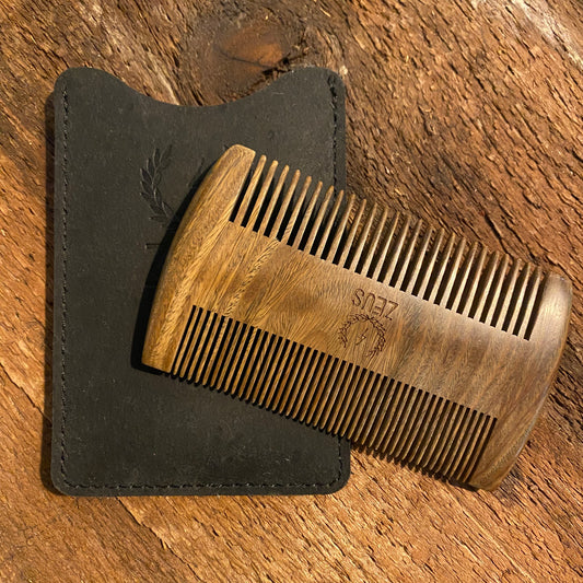 Dual Sided Sandalwood Comb w/ Leather Sheath