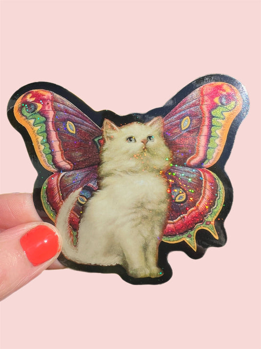 Cat Butterfly Glitter STICKER 3 Inch