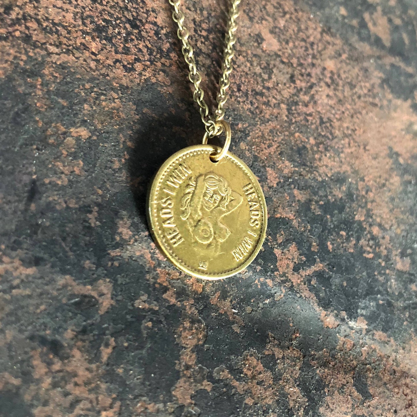 Vintage Heads & Tails Peepshow Token Necklace, Coin Necklace: Heads & Tails Token
