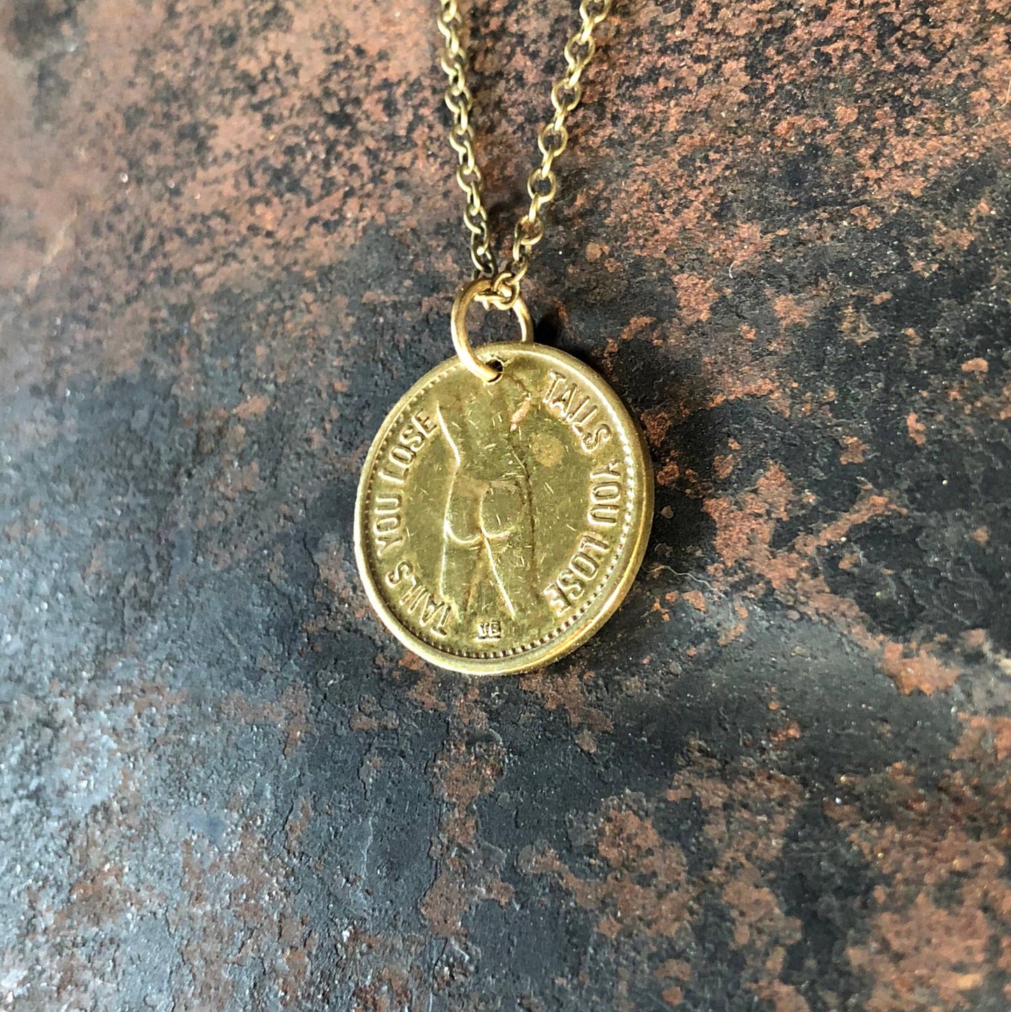 Vintage Heads & Tails Peepshow Token Necklace, Coin Necklace: Heads & Tails Token