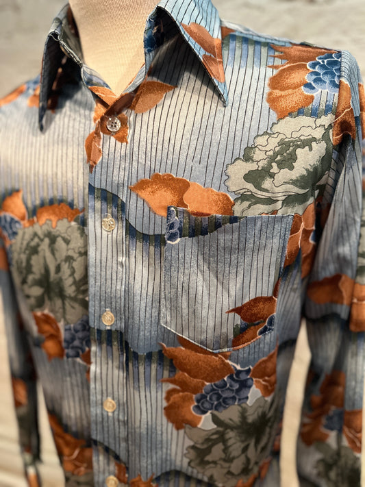 1970s Floral Print Dagger Collar Button Up Shirt