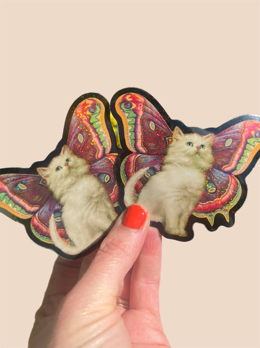 Cat Butterfly Glitter STICKER 3 Inch