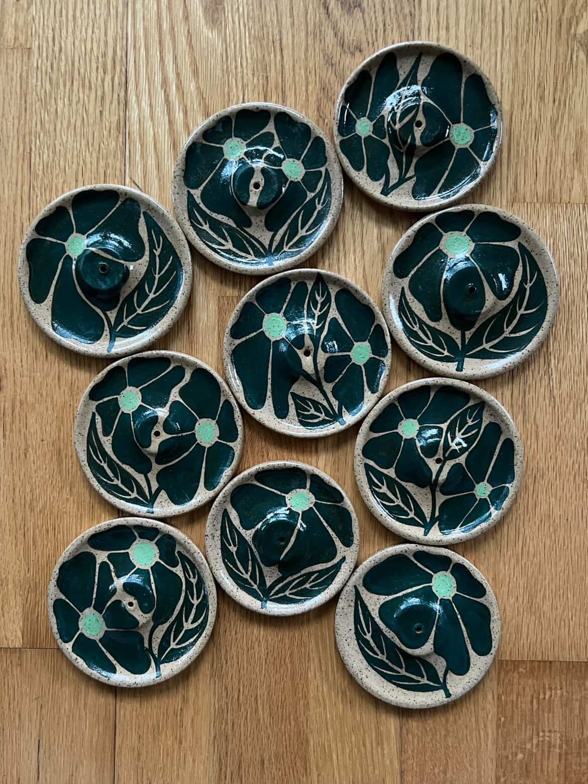 Incense Dish Green Retro Floral