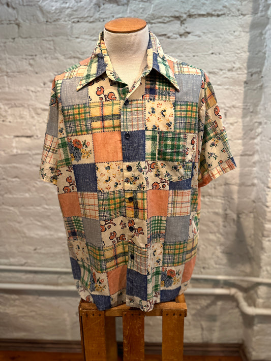 70s Patchwork Short Sleeve Button Up Shirt