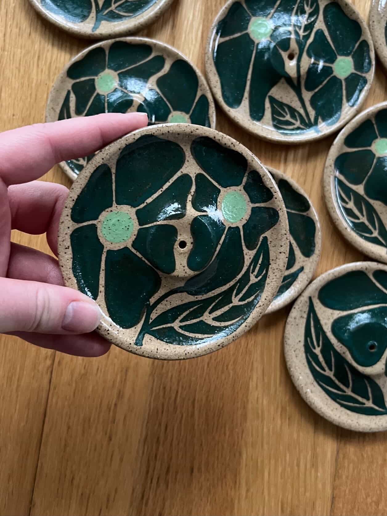 Incense Dish Green Retro Floral