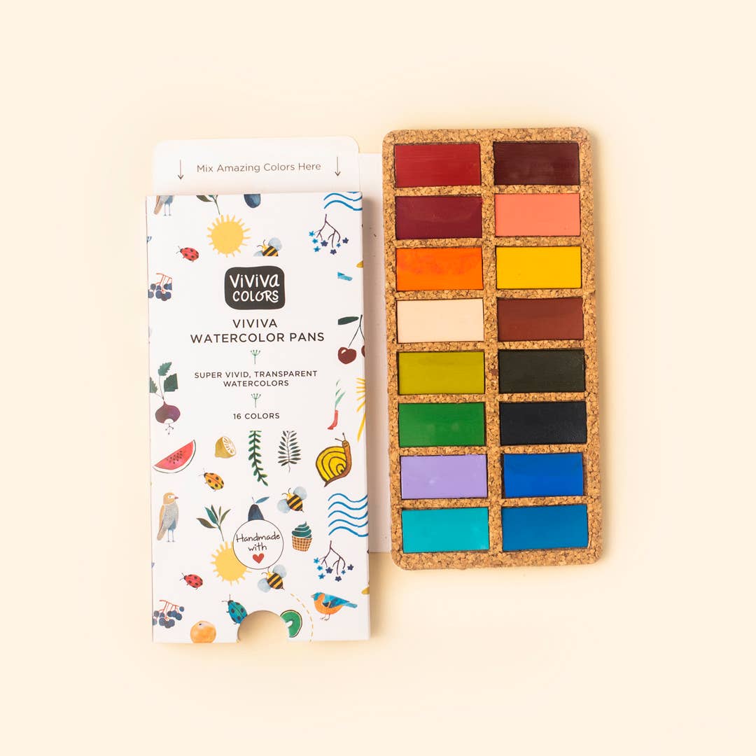 Spring Pans Set | 16 Watercolors | Cork Palette