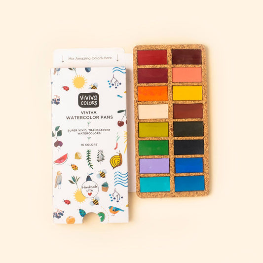 Spring Pans Set | 16 Watercolors | Cork Palette