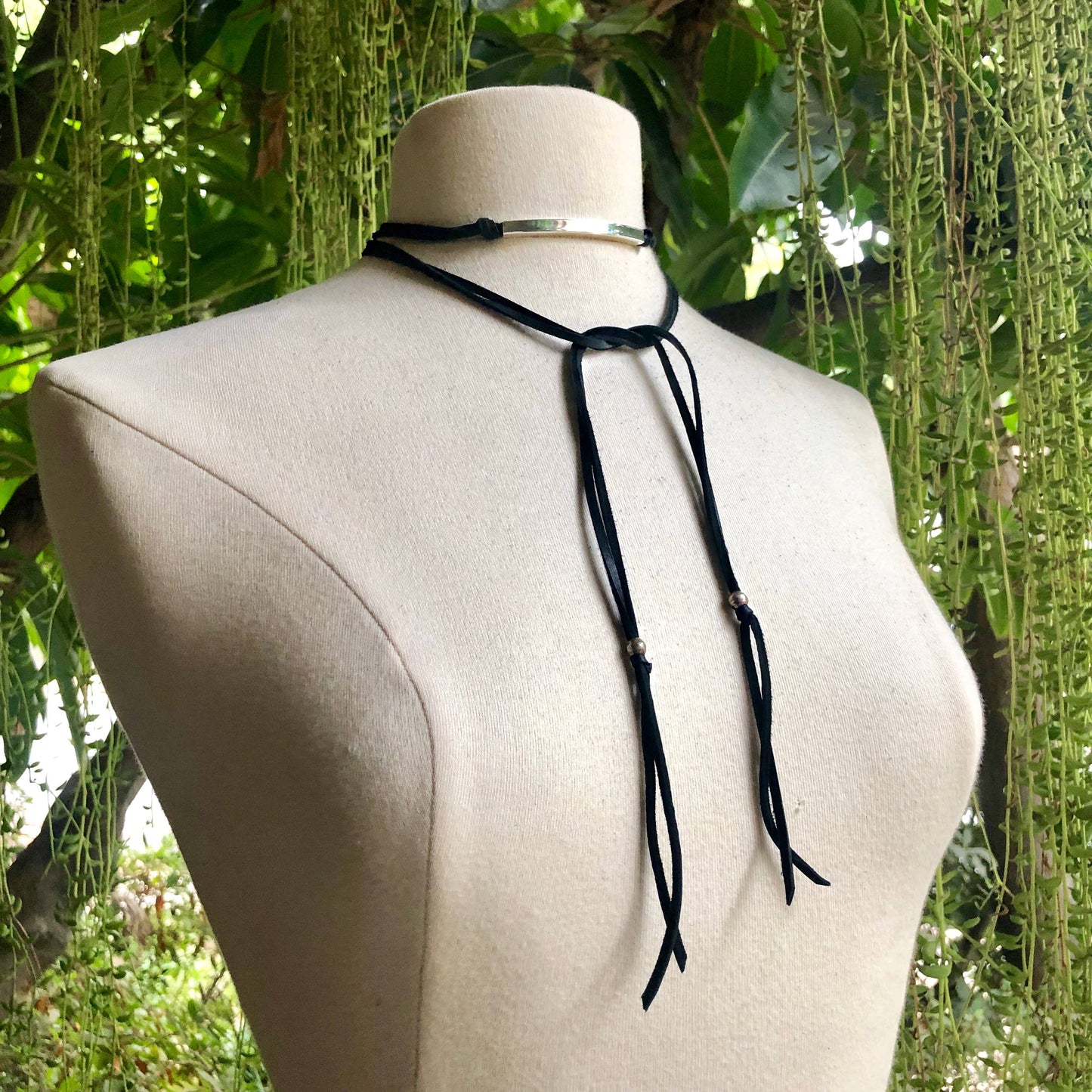 Leather Wrap Choker - Black & Silver, Necklace/Hatband: Black & Silver