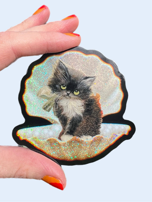 Tuxedo Kitty in Seashell STICKER 3 Inch