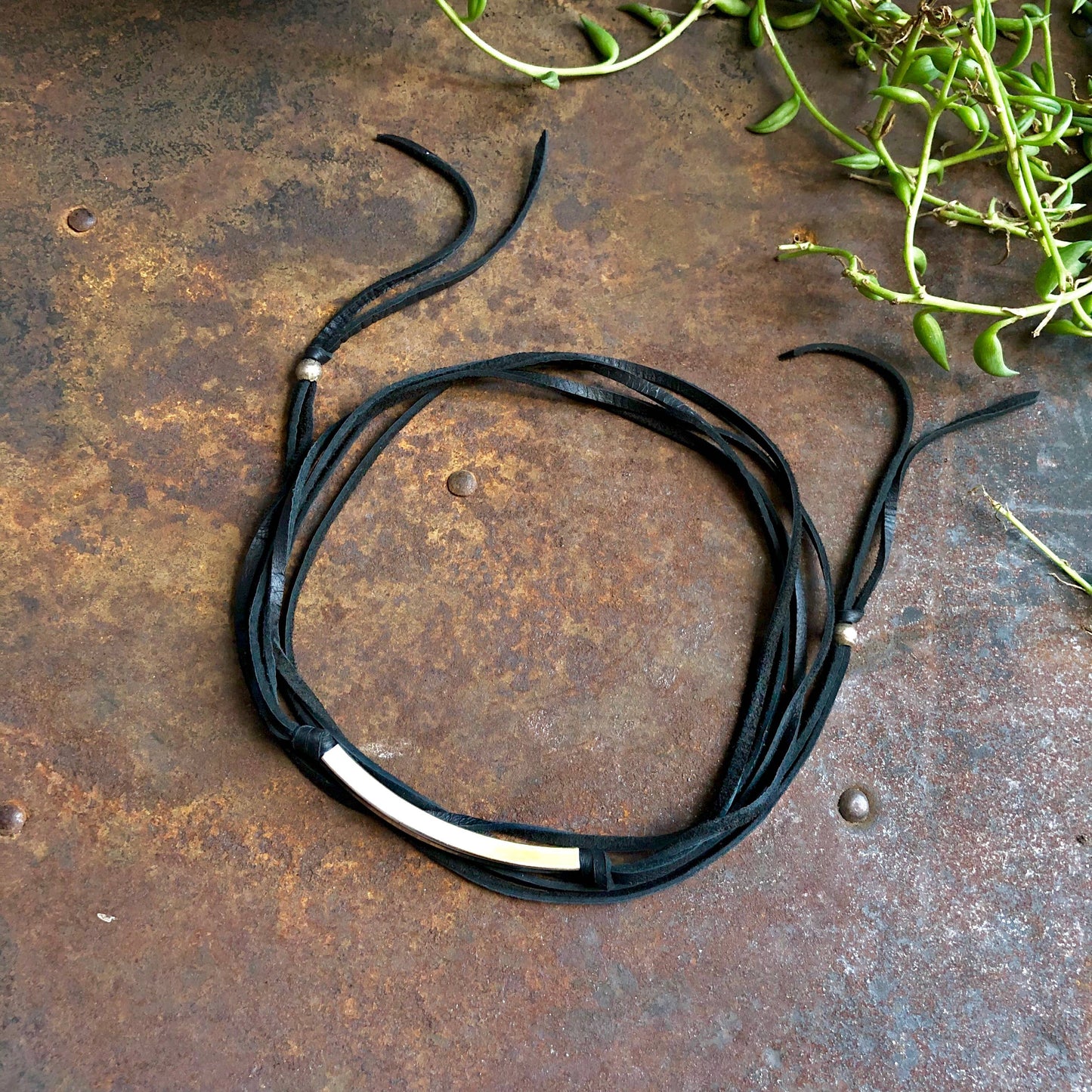 Leather Wrap Choker - Black & Silver, Necklace/Hatband: Black & Silver
