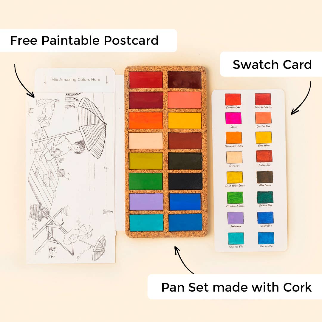 Spring Pans Set | 16 Watercolors | Cork Palette