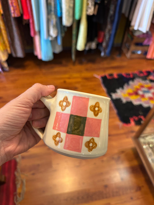 Quilt Mug by Staples Ceramics (small pink and green)