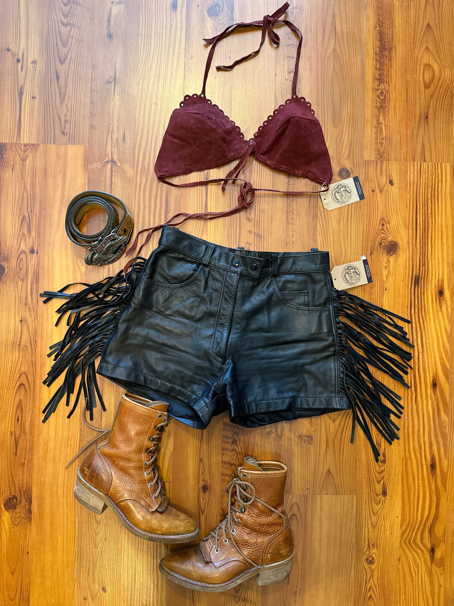 1990s Black Leather Fringe Shorts