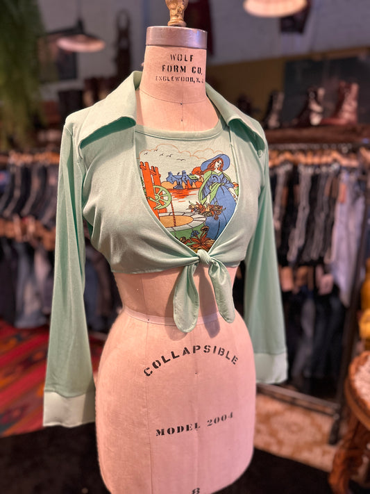 Deadstock 1970s Dagger Collar Crop Top - Sea Foam