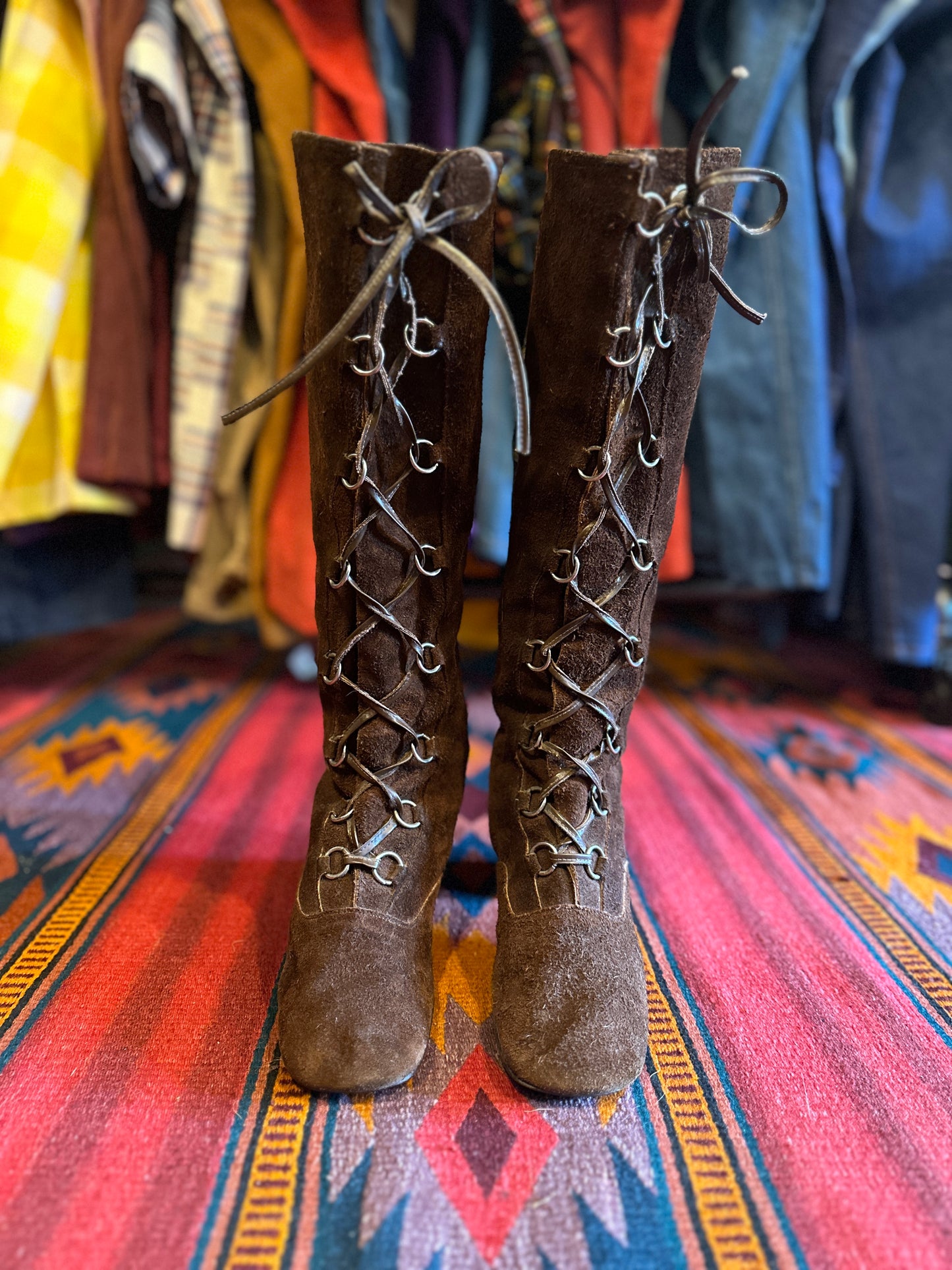 1960s Lace Up Gogo Boots Brow Suede with Rings