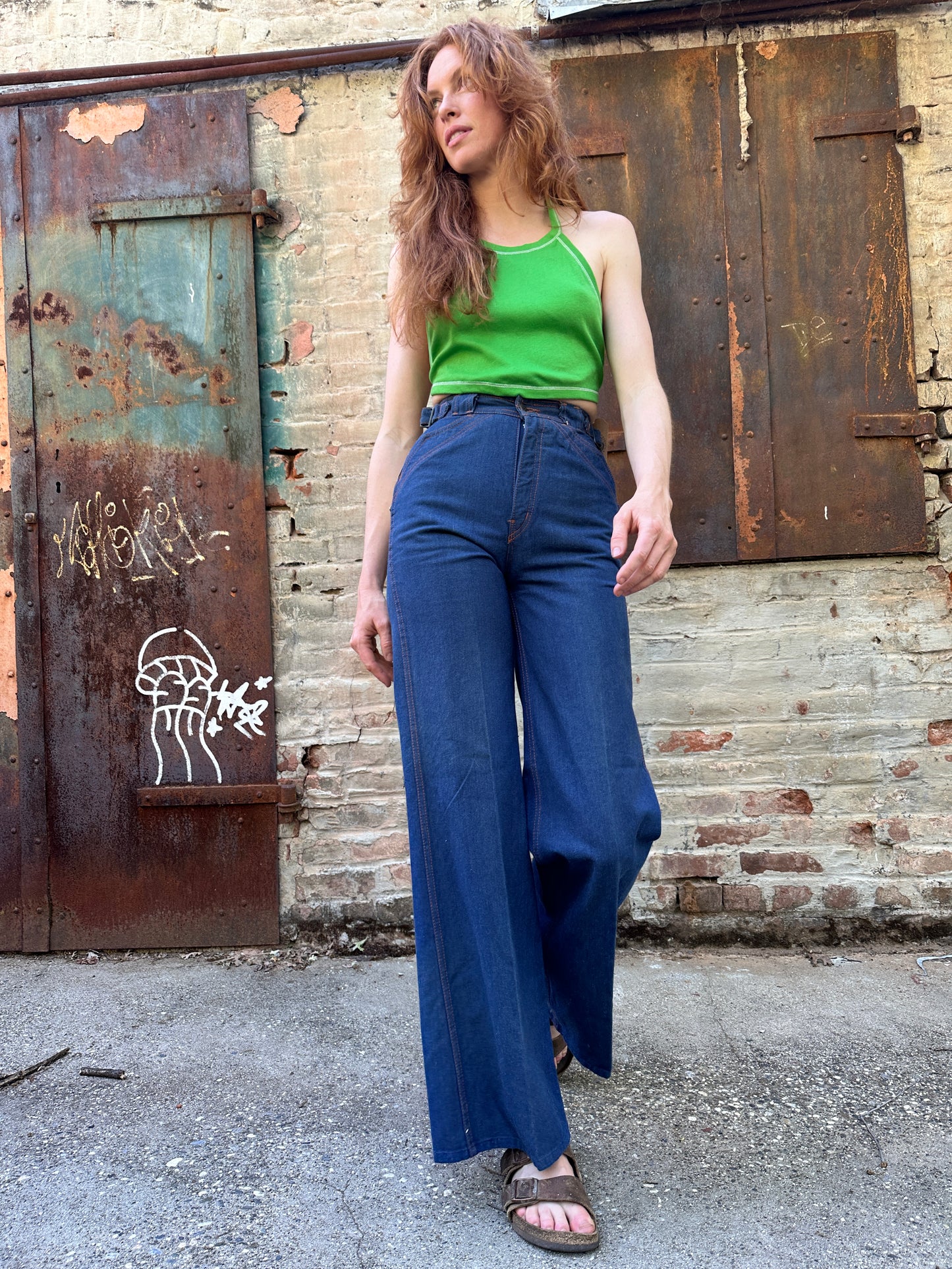1970s Deadstock Bell Bottoms with Flap Pockets and Side Buckles