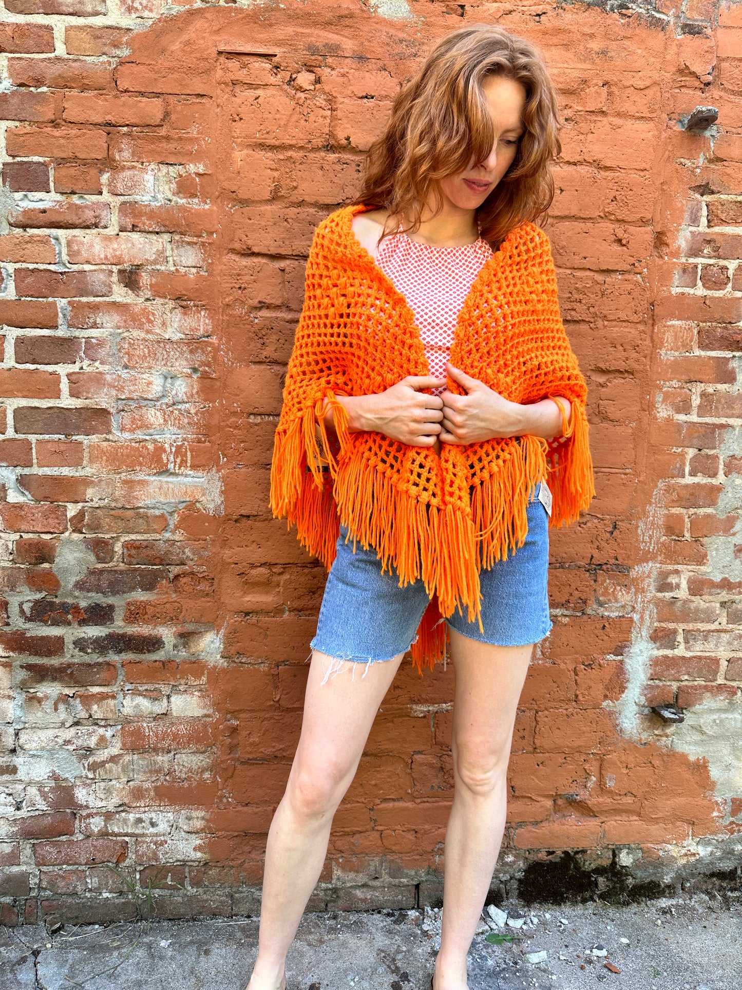 1970s Orange Crochet Poncho