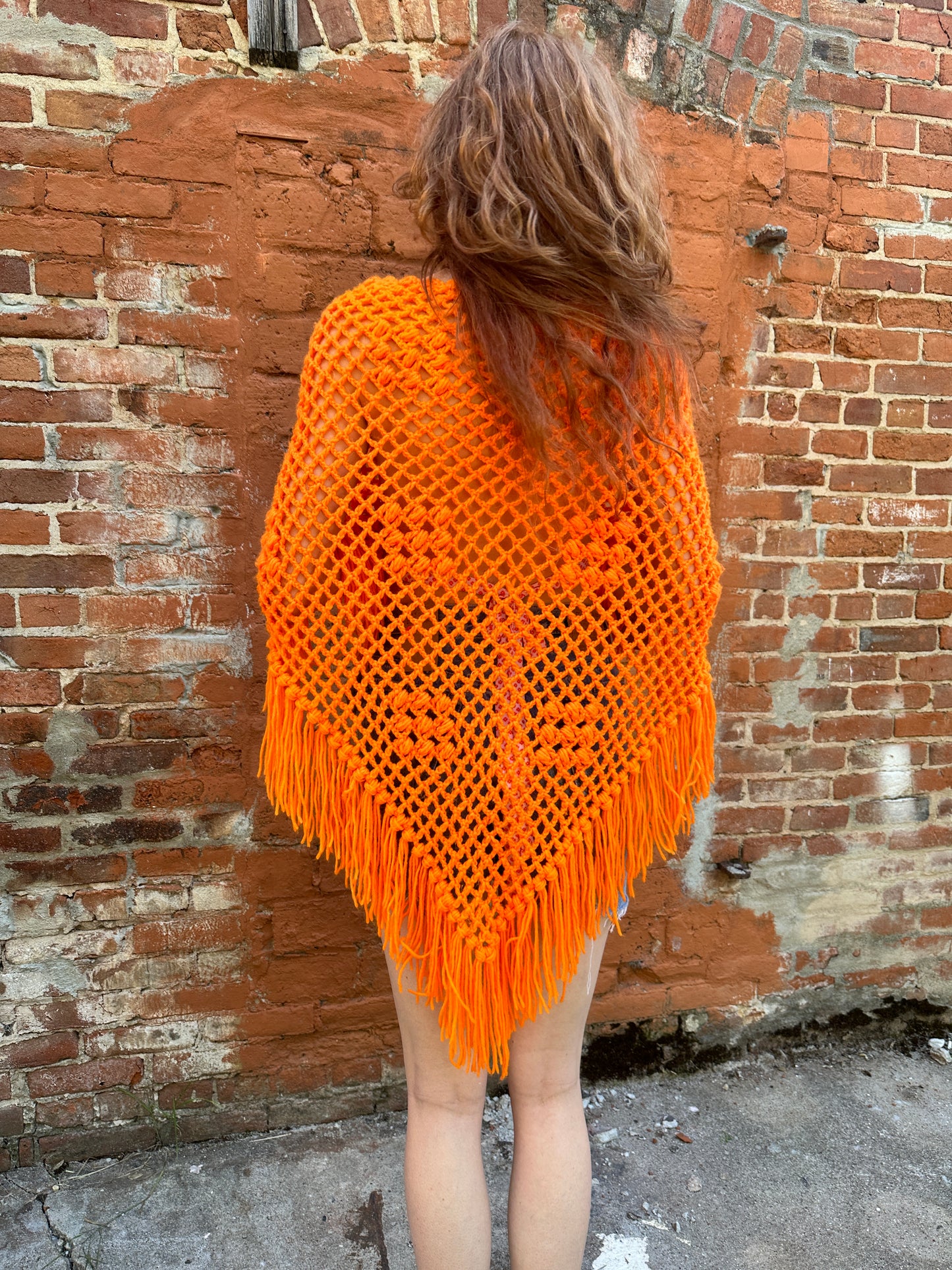 1970s Orange Crochet Poncho