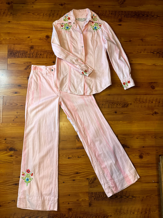 1970's Two Piece Set Pink Tye Dye with Floral Embroidered Details