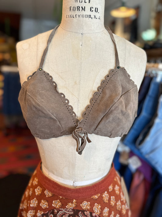 1970s Gray Suede Leather Bra Top