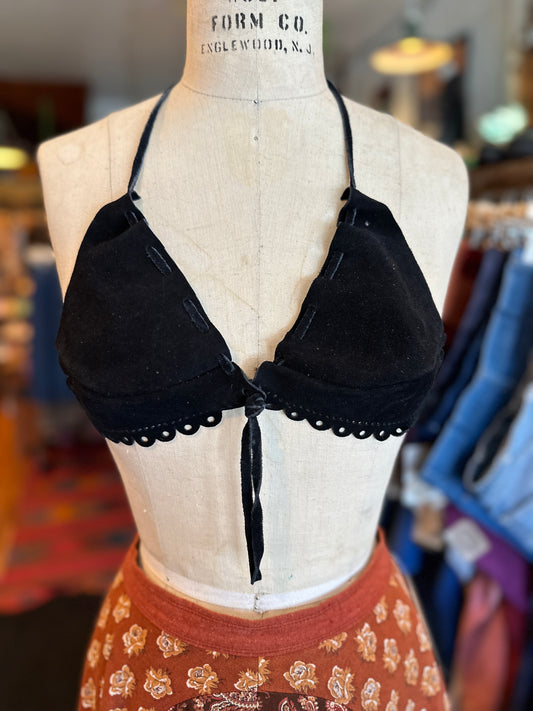 1970s Black Suede Leather Bra Top