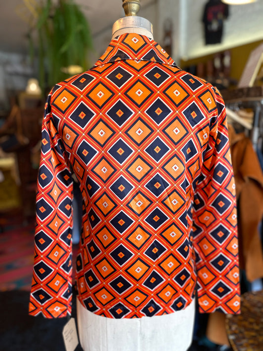 1970s Geometric Print Satin Blouse