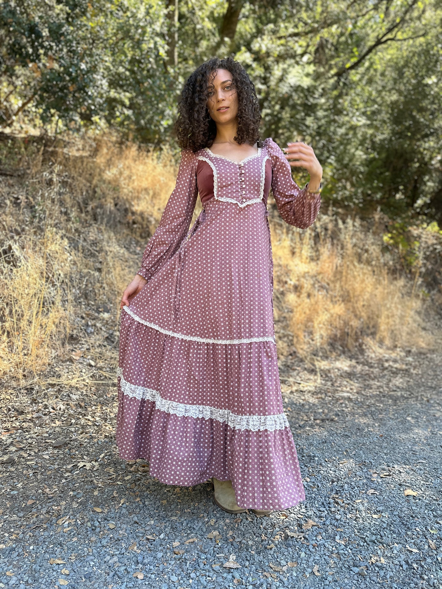 Gunne Sax Dusty Rose Maxi Dress with Rose Buttons