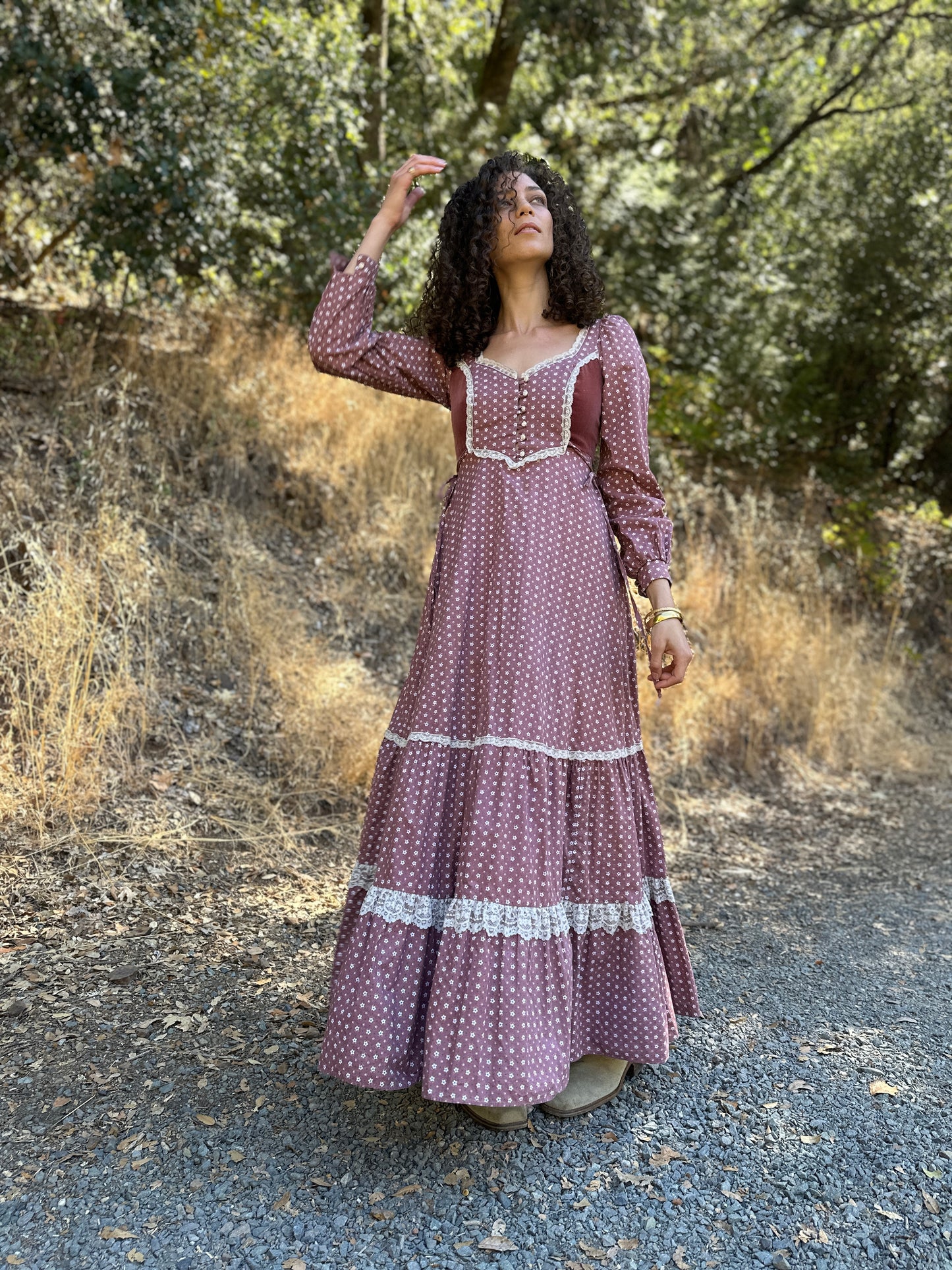 Gunne Sax Dusty Rose Maxi Dress with Rose Buttons