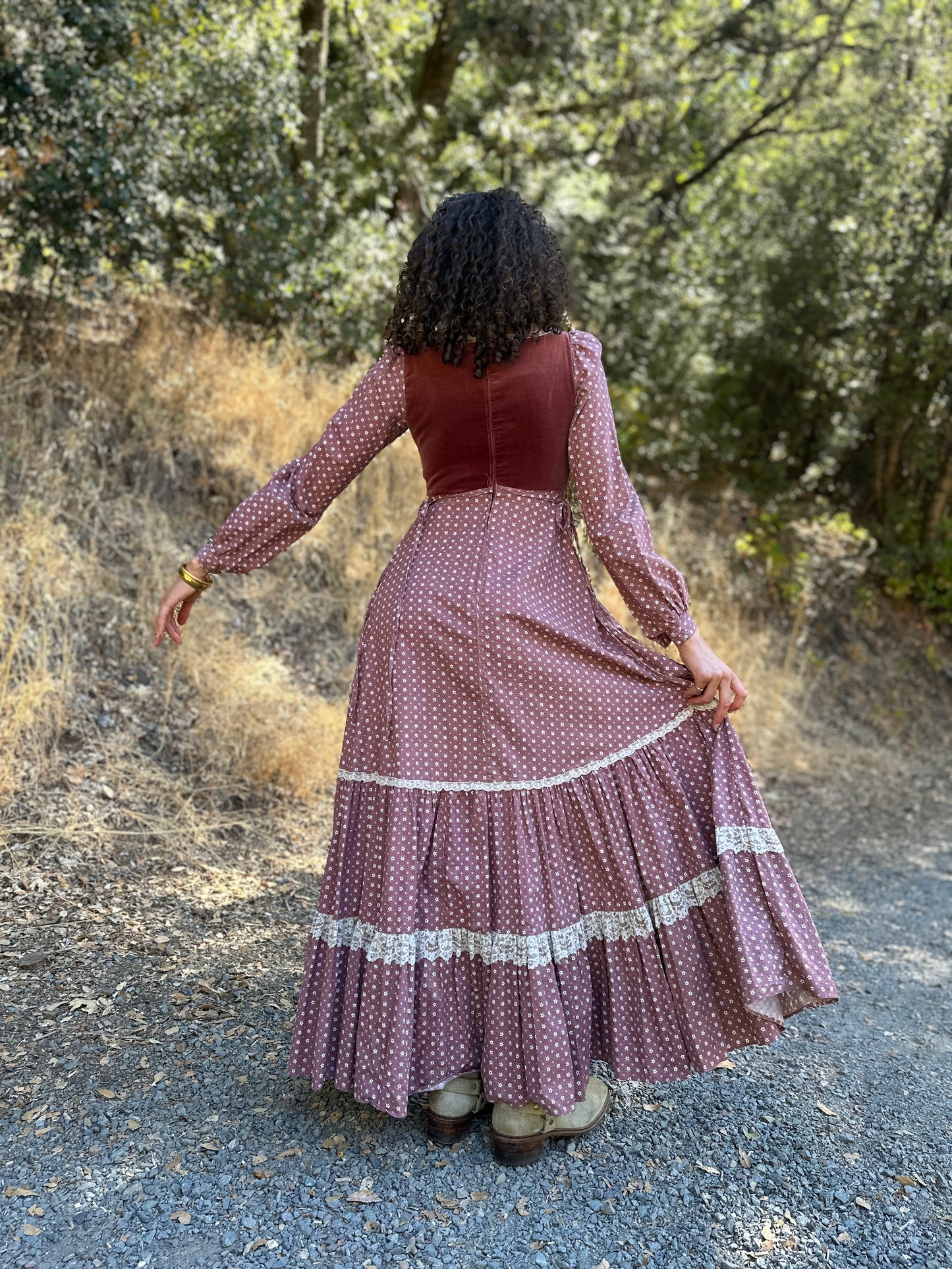 Gunne Sax Dusty Rose Maxi Dress with Rose Buttons