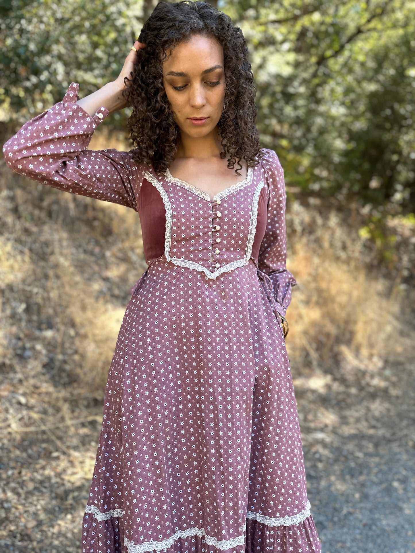 Gunne Sax Dusty Rose Maxi Dress with Rose Buttons