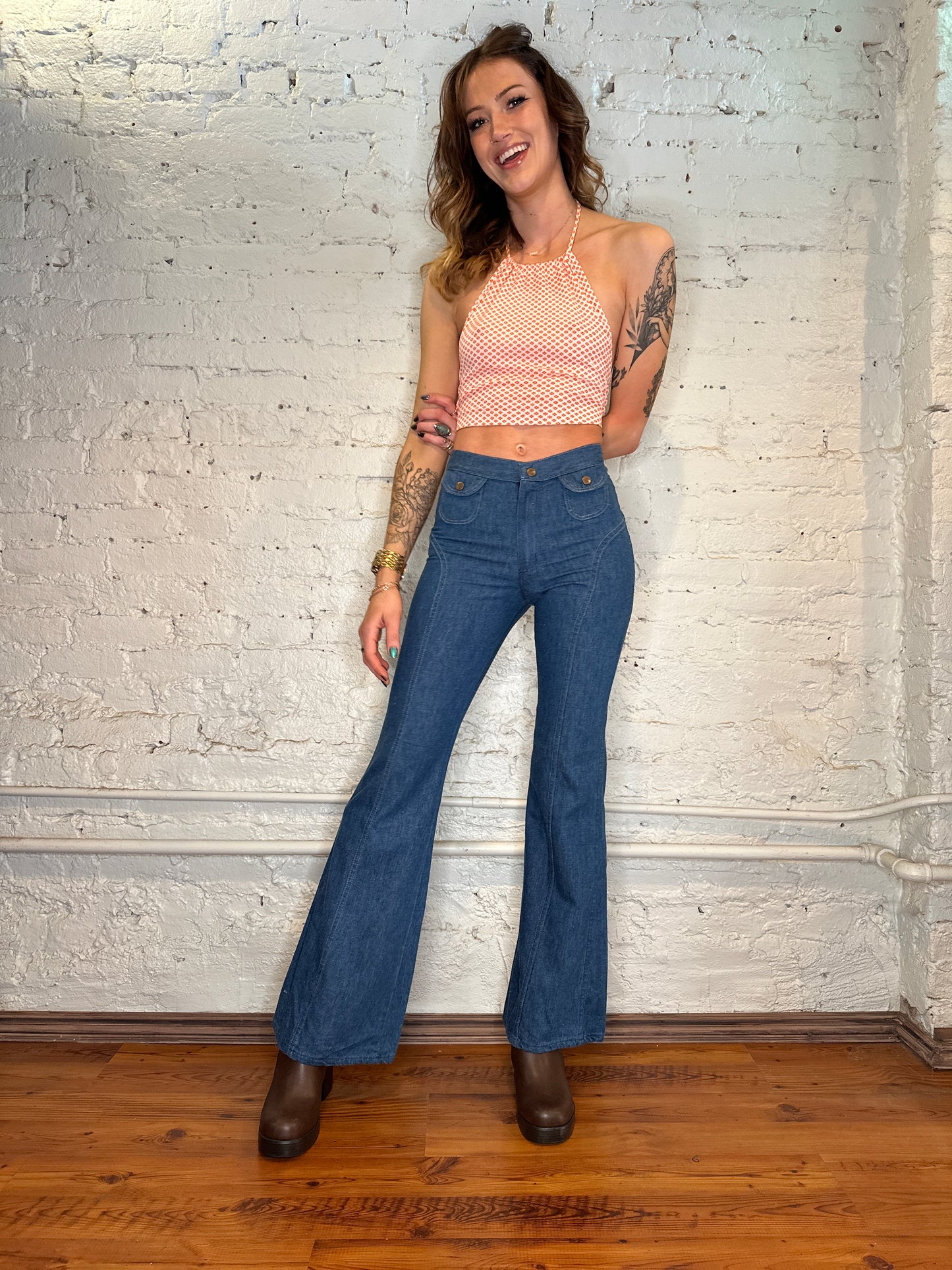 1970s Wrangler Bell Bottoms with Saddleback details - Deadstock with tags - 27in Waist