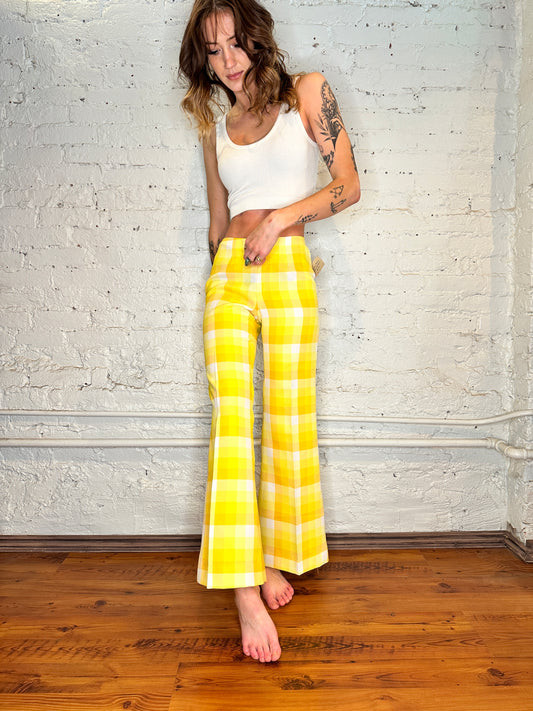 1970s Yellow Plaid Bell Bottoms - 27in low waist